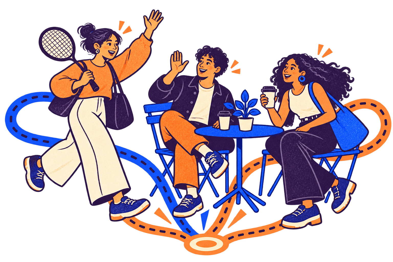 Three friends meeting at a cafe table with racket